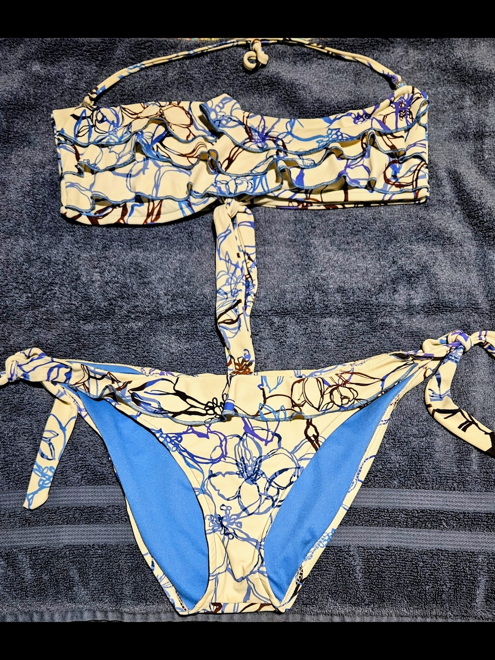 Cream and Blue Floral Bikini Top And Bottom